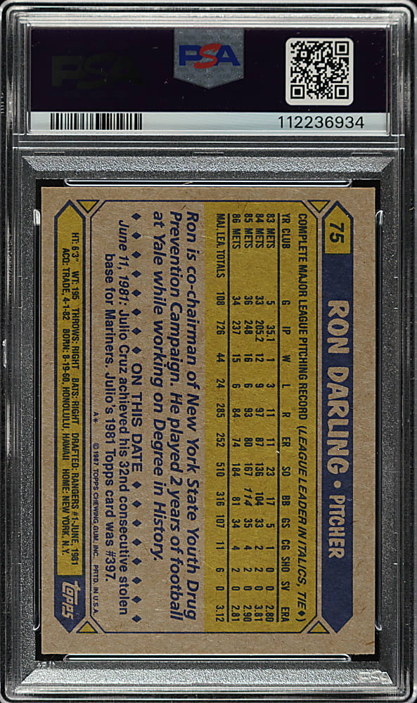 Signed 1987 Topps #75 Ron Darling PSA NM-MT 8 with GEM MINT 10 Signature