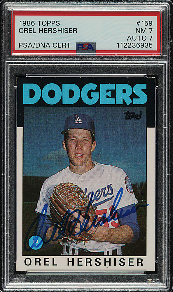 Signed 1986 Topps #159 Orel Hershiser PSA NM 7 with NM 7 Signature