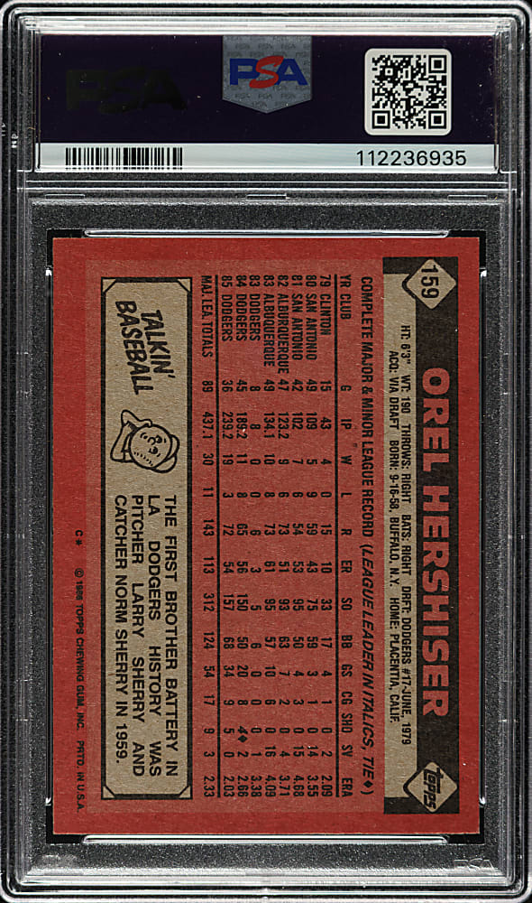 Signed 1986 Topps #159 Orel Hershiser PSA NM 7 with NM 7 Signature