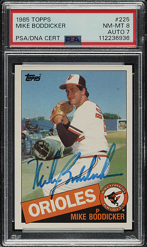 Signed 1985 Topps #225 Mike Boddicker PSA NM-MT 8 with NM 7 Signature