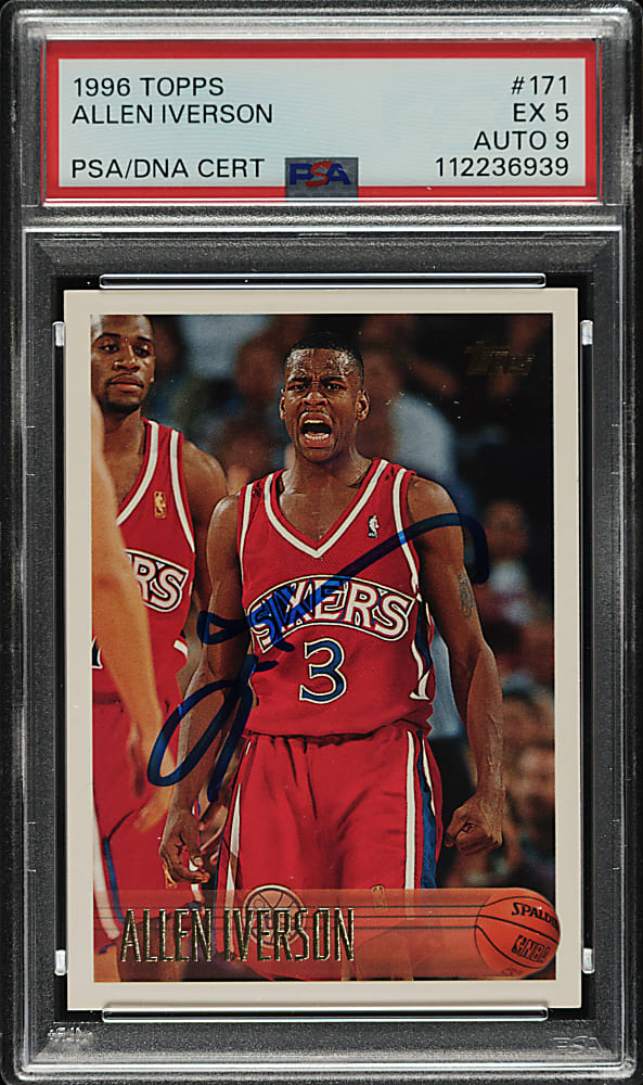 Signed 1996-1997 Topps Basketball #171 Allen Iverson Rookie PSA EX 5 with MINT 9 Signature