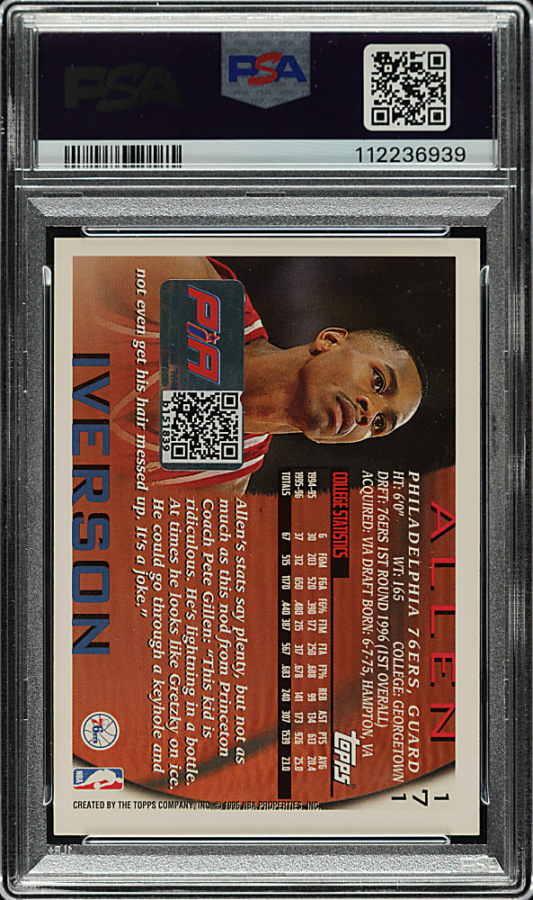 Signed 1996-1997 Topps Basketball #171 Allen Iverson Rookie PSA EX 5 with MINT 9 Signature