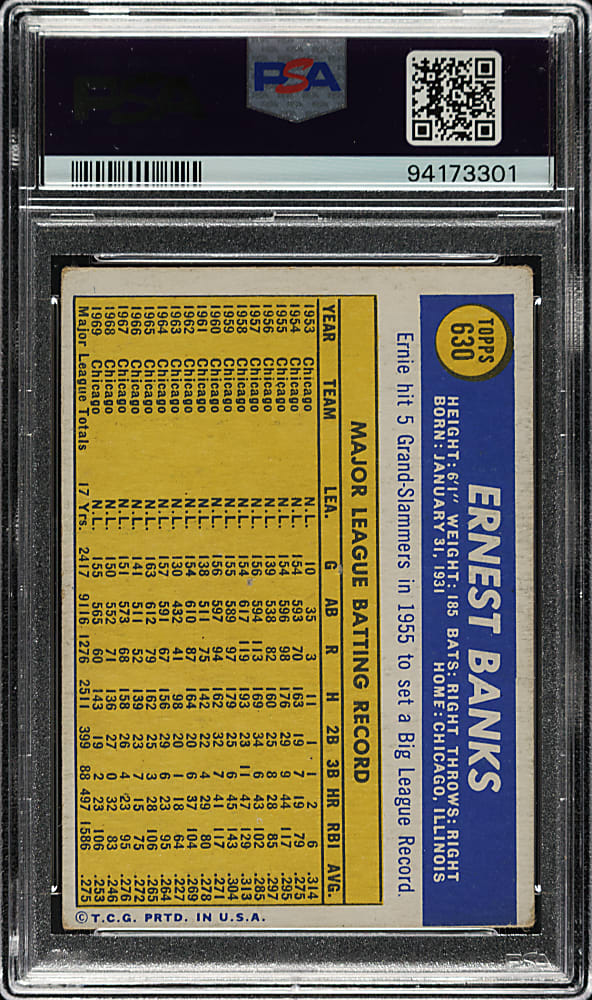 Signed 1970 Topps #630 Ernie Banks - PSA/DNA