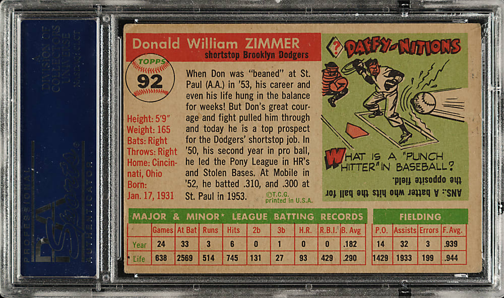 Signed 1955 Topps #92 Don Zimmer Rookie - PSA/DNA