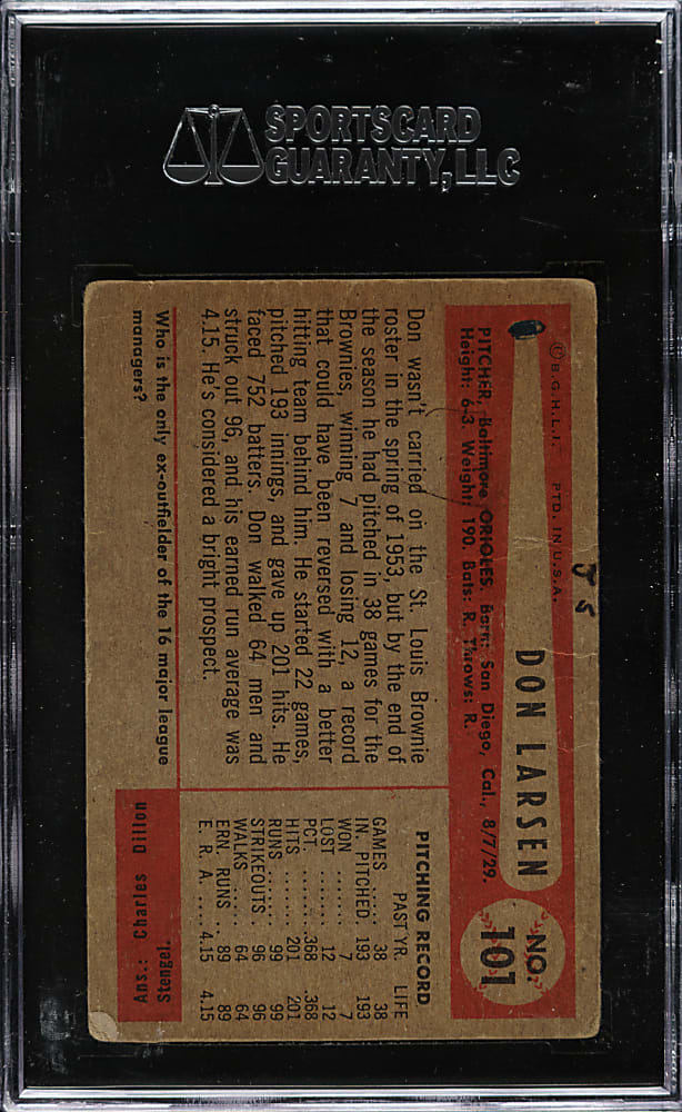 Signed 1954 Bowman #101 Don Larsen Rookie - SGC