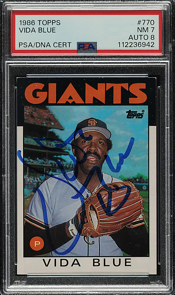 Signed 1986 Topps #770 Vida Blue PSA NM 7 with NM-MT 8 Signature