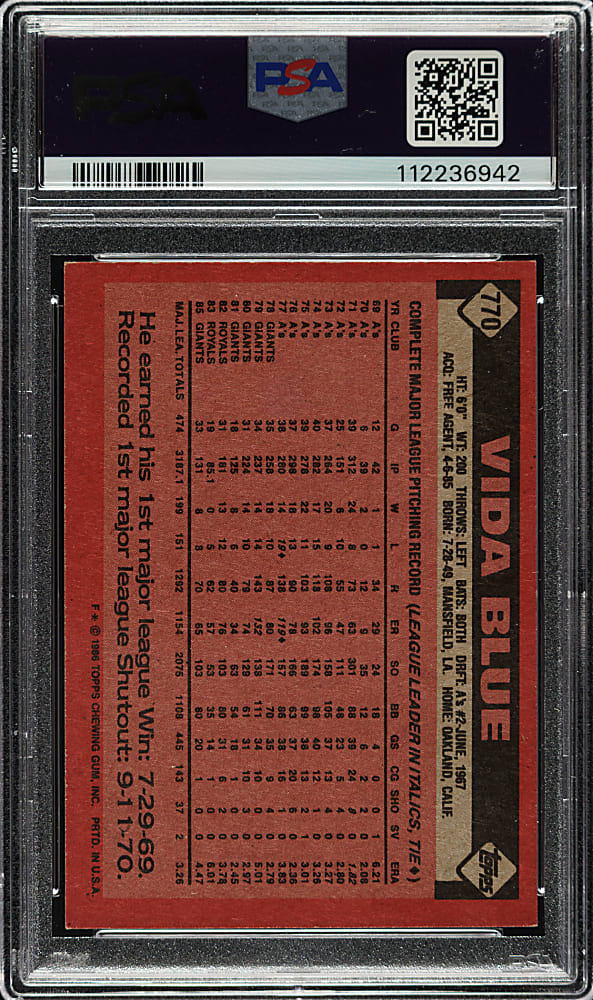 Signed 1986 Topps #770 Vida Blue PSA NM 7 with NM-MT 8 Signature