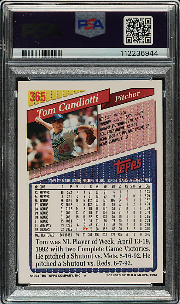 Signed 1993 Topps #365 Tom Candiotti PSA MINT 9 with GEM MINT 10 Signature