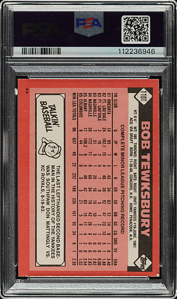 Signed 1986 Topps Traded #110T Bob Tewksbury PSA NM 7 with GEM MINT 10 Signature