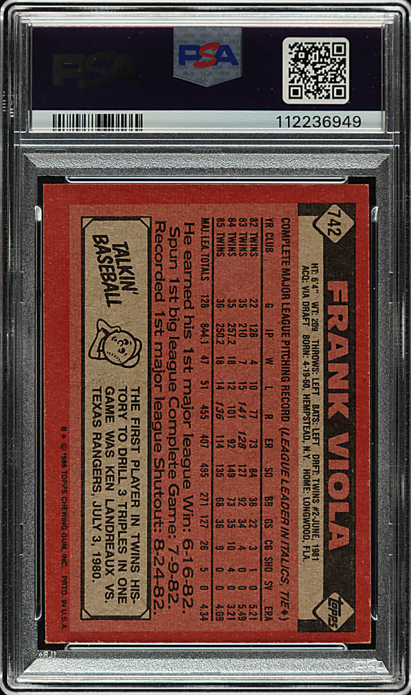 Signed 1986 Topps #742 Frank Viola PSA VG-EX 4 with NM-MT 8 Signature