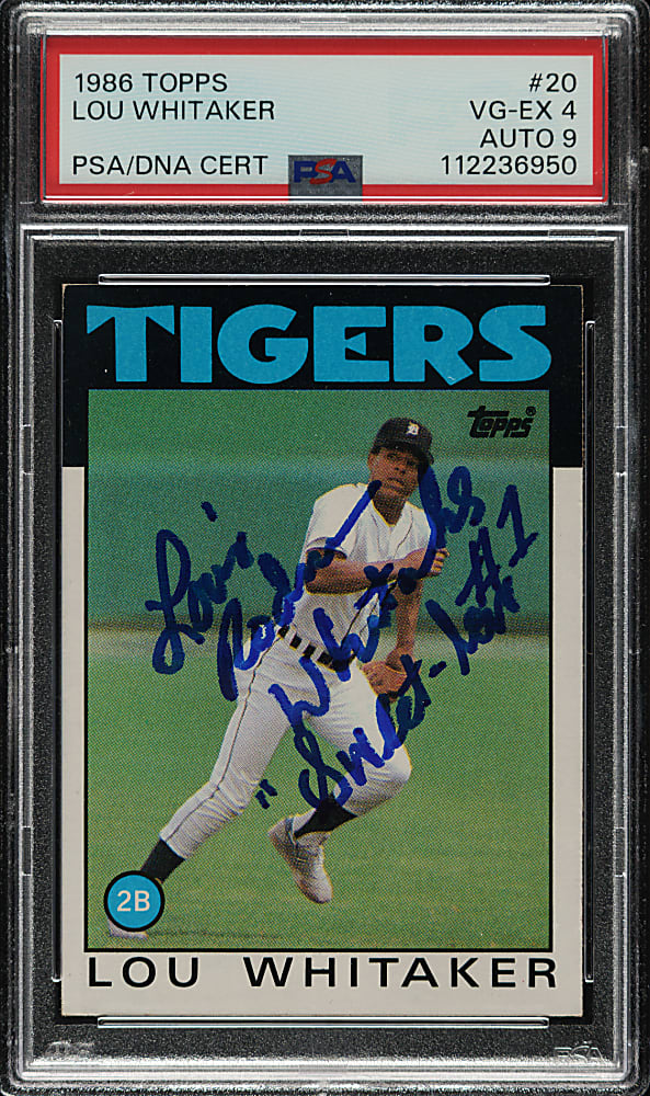 Signed 1986 Topps #20 Lou Whitaker PSA VG-EX 4 with MINT 9 Signature