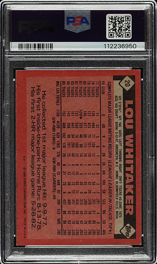 Signed 1986 Topps #20 Lou Whitaker PSA VG-EX 4 with MINT 9 Signature