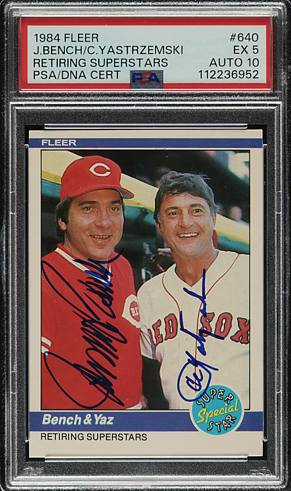 Signed 1984 Fleer #640 Retiring Superstars Bench & Yastrzemski PSA EX 5 with GEM MINT 10 Signatures