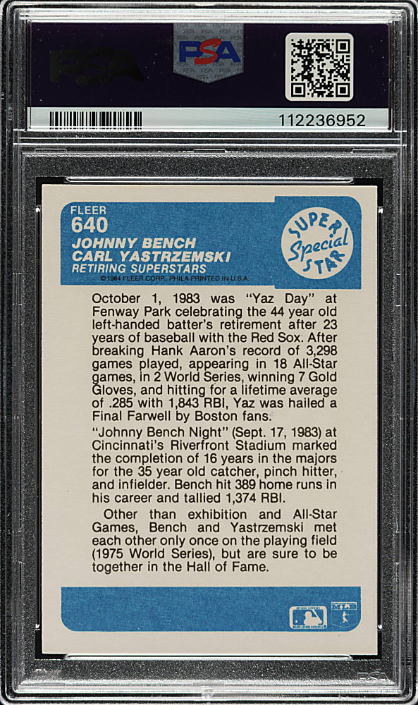 Signed 1984 Fleer #640 Retiring Superstars Bench & Yastrzemski PSA EX 5 with GEM MINT 10 Signatures