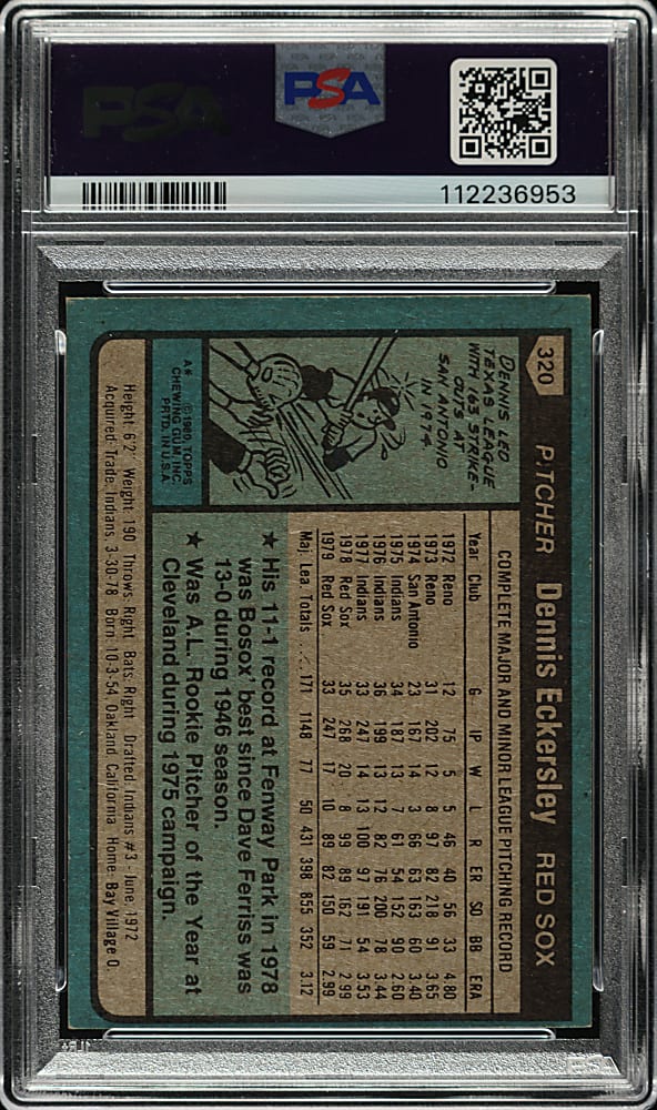 Signed 1980 Topps #320 Dennis Eckersley PSA NM 7 with GEM MINT 10 Signature