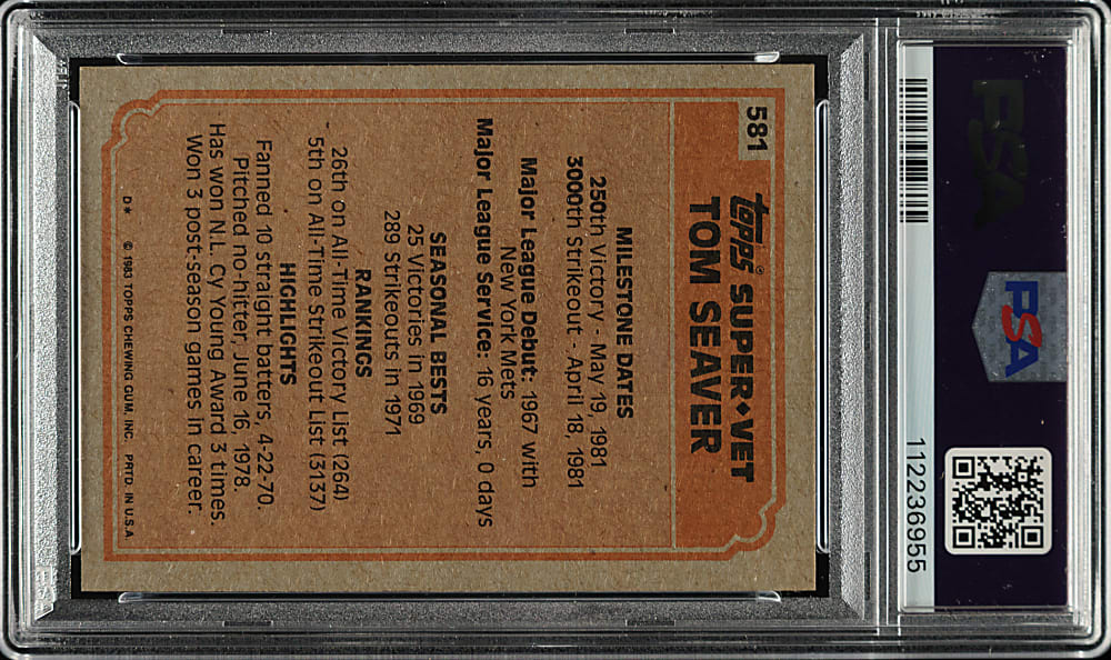 Signed 1983 Topps #581 Tom Seaver PSA NM-MT 8 with MINT 9 Signature