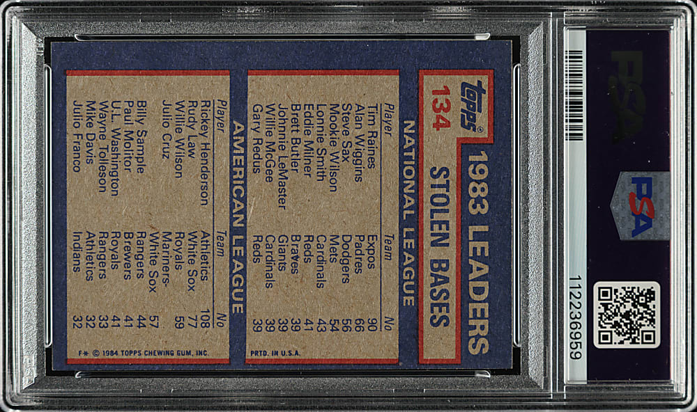 Signed 1984 Topps #134 Stolen Base Leaders with Tim Raines and Rickey Henderson PSA EX-MT 6 with GEM MINT 10 Signatures
