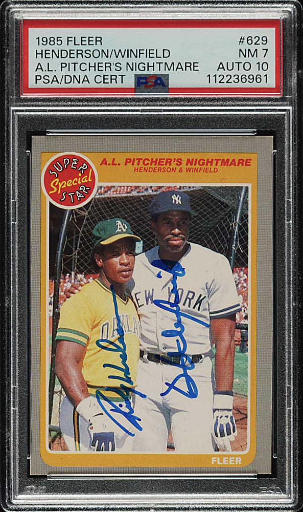 Signed 1985 Fleer #629 Rickey Henderson and Dave Winfield PSA NM 7 with GEM MINT 10 Signatures