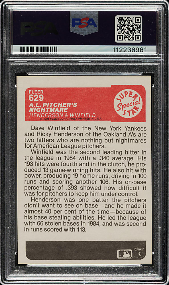 Signed 1985 Fleer #629 Rickey Henderson and Dave Winfield PSA NM 7 with GEM MINT 10 Signatures