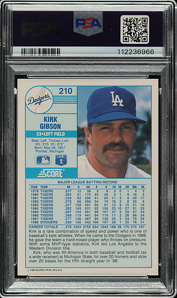 Signed 1989 Score #210 Kirk Gibson PSA NM-MT 8 with GEM MINT 10 Signature