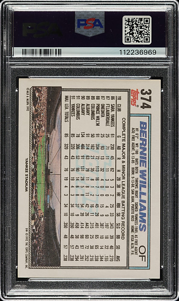 Signed 1992 Topps #374 Bernie Williams PSA EX-MT 6 with MINT 9 Signature