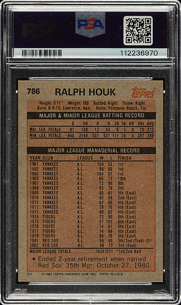 Signed 1983 Topps #786 Ralph Houk PSA EX 5 with MINT 9 Signature