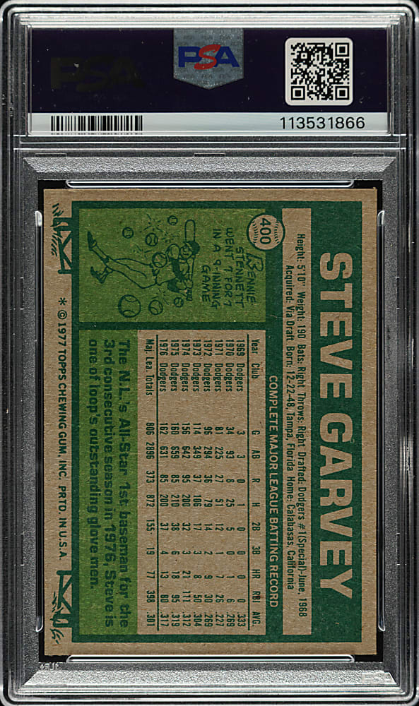 Signed 1977 Topps #400 Steve Garvey PSA NM-MT 8 with NM-MT 8 Signature