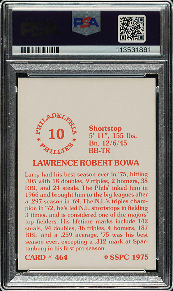 Signed 1975 SSPC #464 Larry Bowa PSA NM-MT 8 with MINT 9 Signature