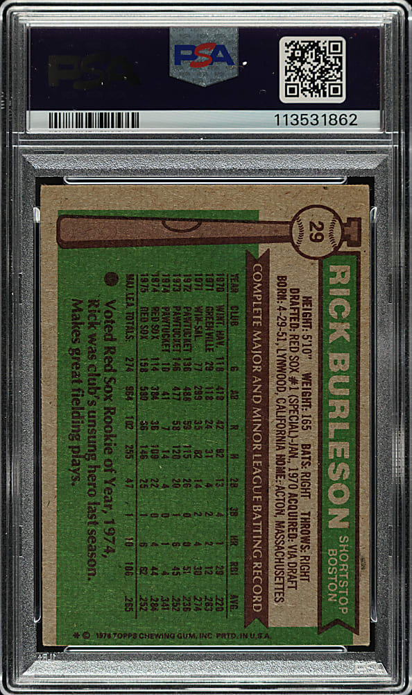 Signed 1976 Topps #29 Rick Burleson PSA VG 3 with NM-MT 8 Signature