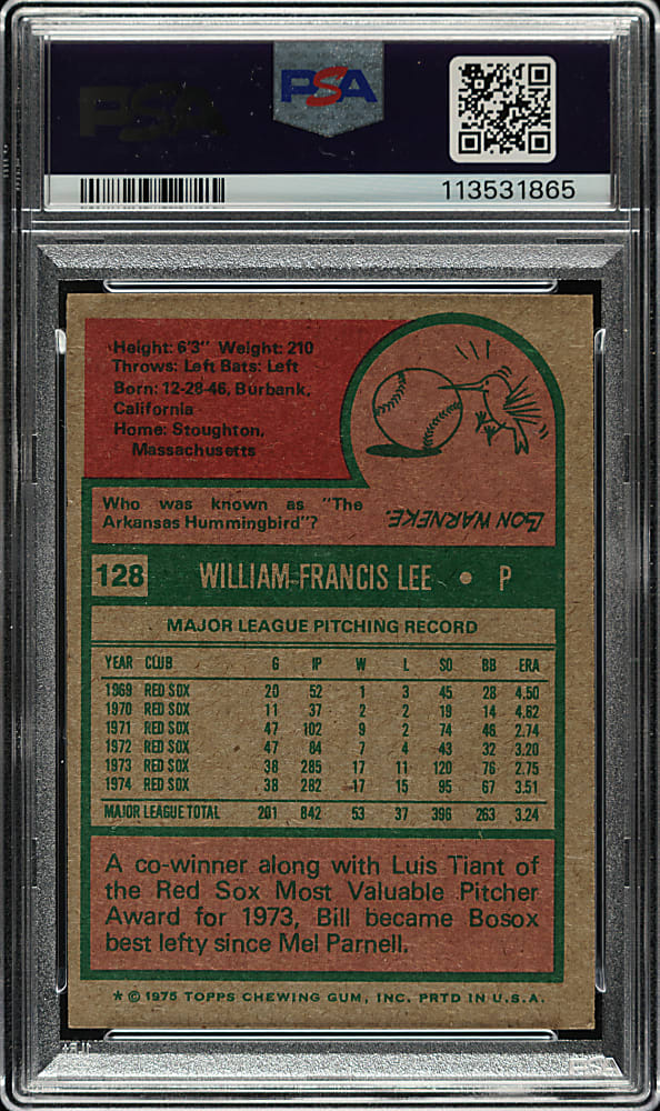 Signed 1978 Topps #128 Bill Lee PSA VG 3 with GEM MINT 10 Signature