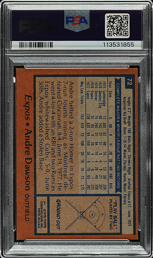 Signed 1978 Topps #72 Andre Dawson PSA EX-MT 6 with NM-MT 8 Signature