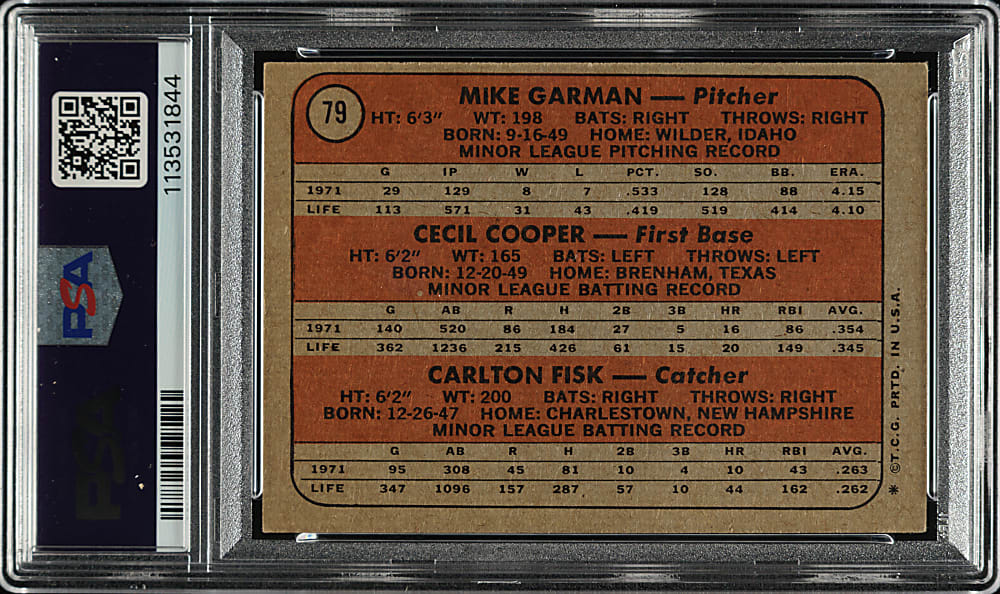 Signed 1972 Topps #79 Carlton Fisk Rookie PSA VG-EX 4 with NM-MT 8 Signature