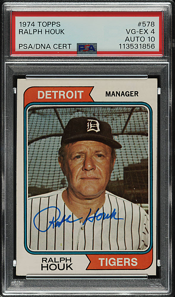 Signed 1974 Topps #578 Ralph Houk PSA VG-EX 4 with GEM MINT 10 Signature