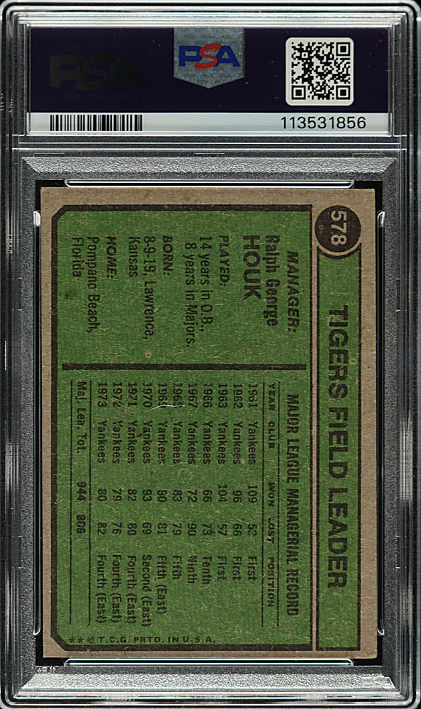 Signed 1974 Topps #578 Ralph Houk PSA VG-EX 4 with GEM MINT 10 Signature