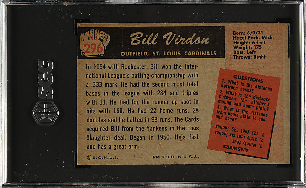 1955 Bowman #296 Bill Virdon SGC NM+ 7.5