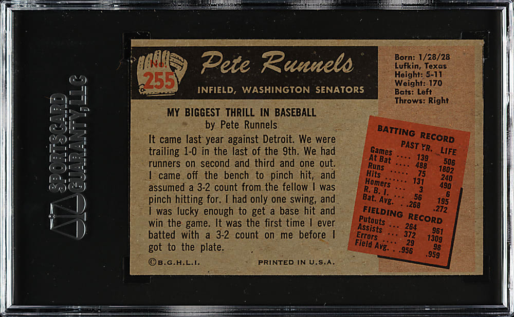 1955 Bowman #255 Pete Runnels SGC NM/MT+ 8.5
