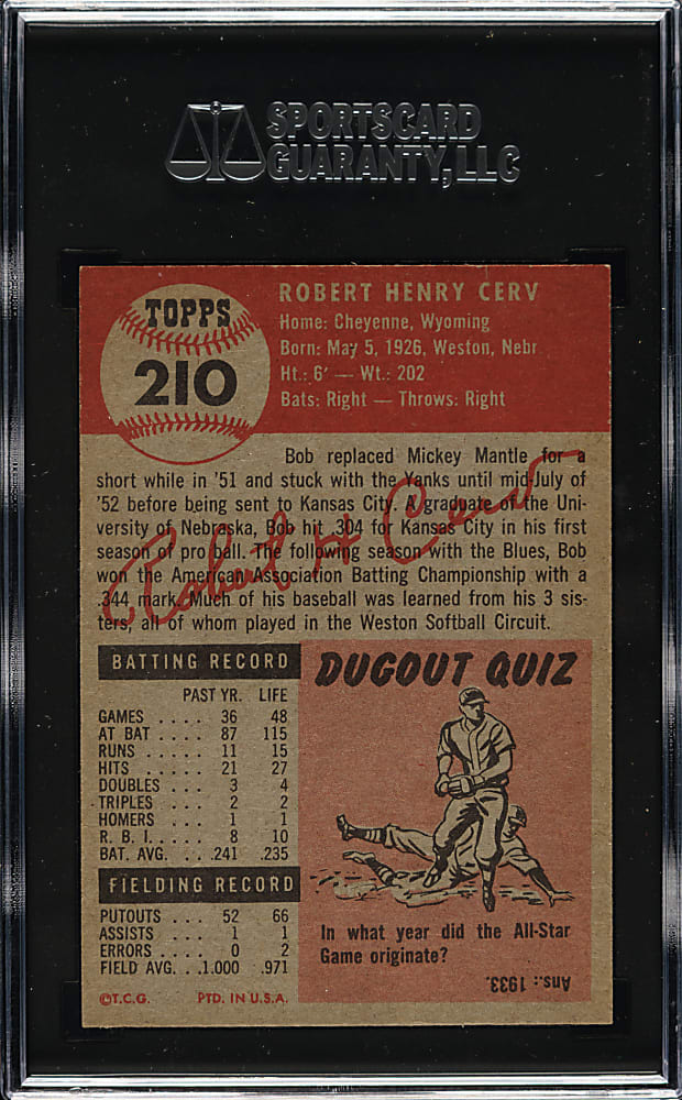 1953 Topps #210 Bob Cerv SGC NM/MT 8