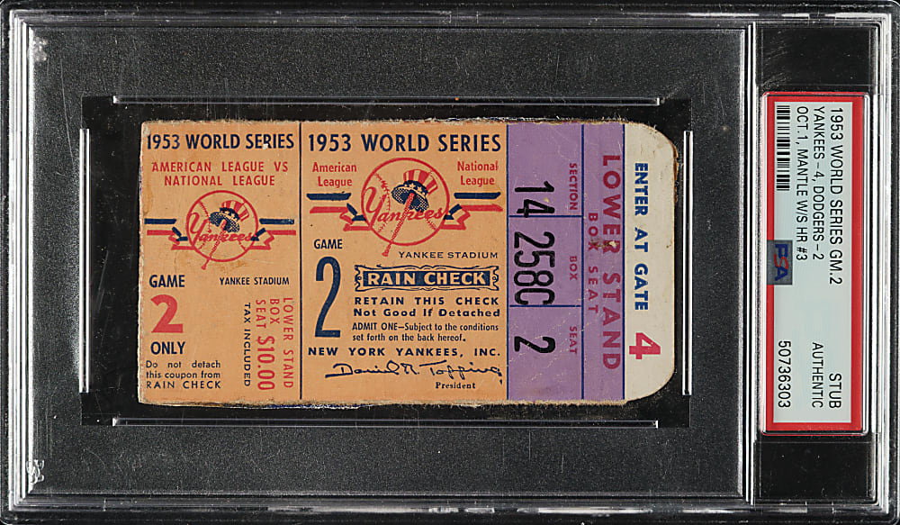 1953 New York Yankees (vs. Brooklyn Dodgers) World Series Game 2 Ticket Stub PSA Authentic - Mickey Mantle Home Run #3