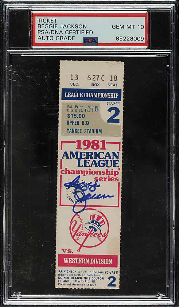 Reggie Jackson Signed 1981 New York Yankees (vs. Oakland Athletics) American League Championship Series Game 2 Ticket Stub PSA/DNA GEM MINT 10