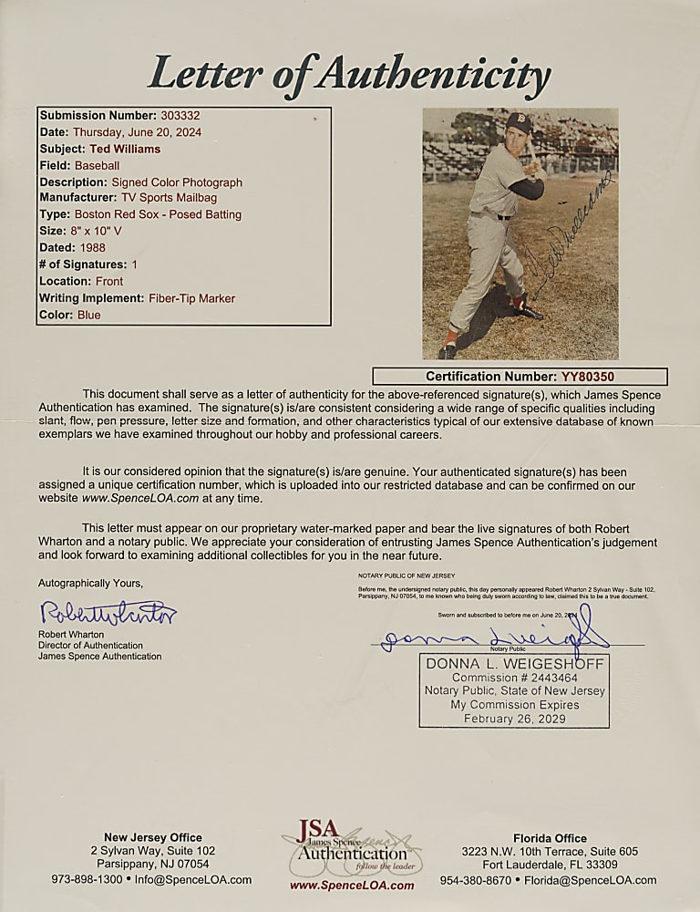 Ted Williams Signed Photograph in Framed Display - JSA