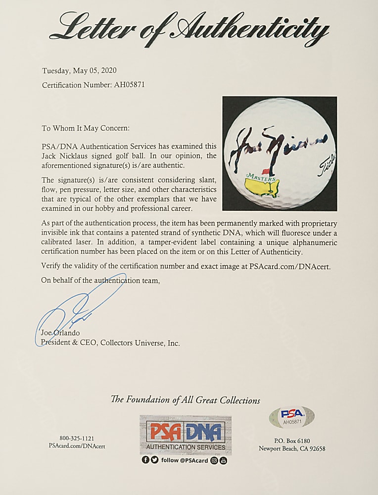 Jack Nicklaus Signed Masters Golf Ball - PSA/DNA