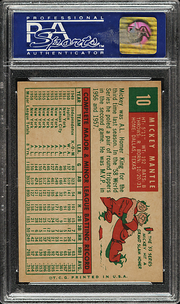 1959 Topps #10 Mickey Mantle PSA NM-MT 8