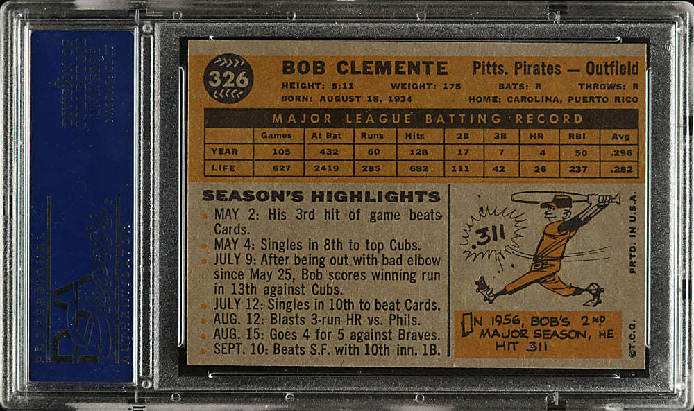 1960 Topps #326 Roberto Clemente PSA NM-MT 8