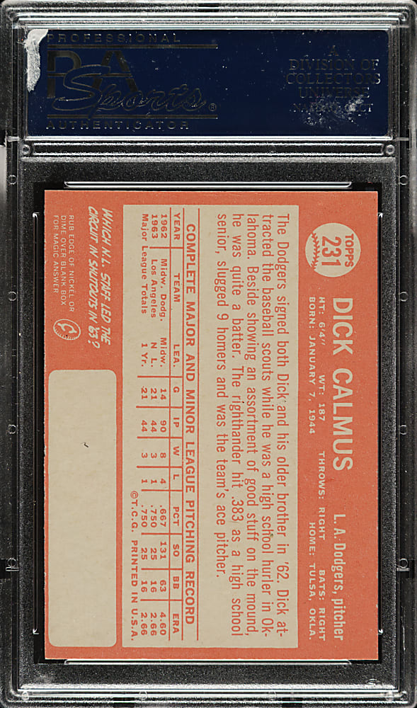 1964 Topps #231 Dick Calmus PSA GEM MINT 10