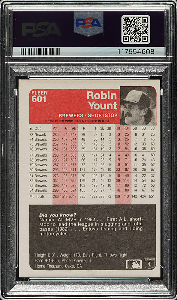 Signed 1985 Fleer #601 Robin Yount PSA EX-MT 6 with GEM MINT 10 Signature