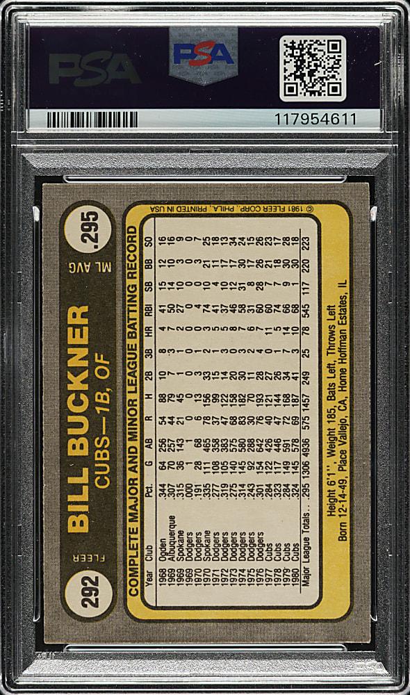 Signed 1981 Fleer #292 Bill Buckner PSA EX 5 with NM 7 Signature