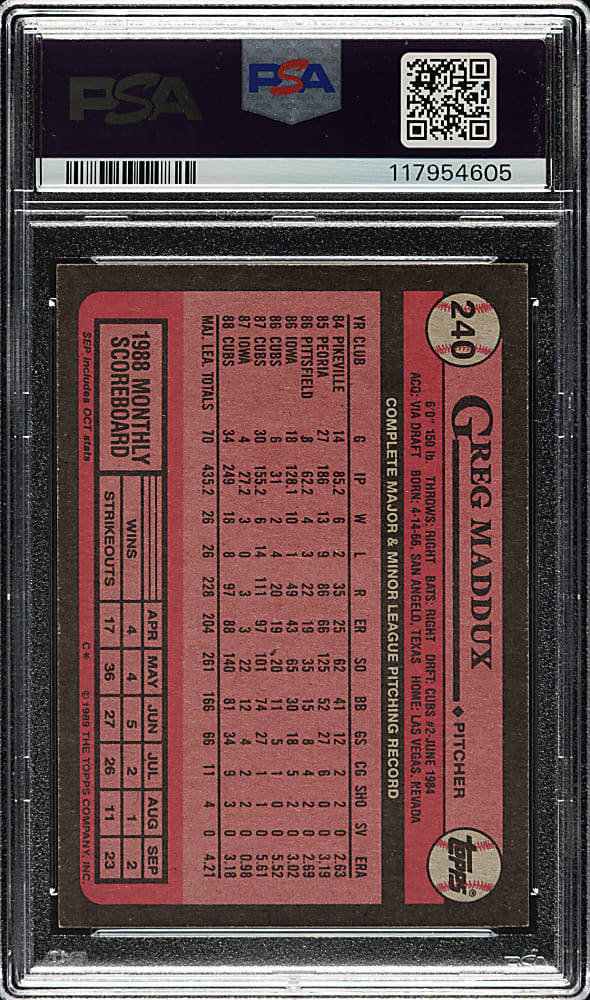 Signed 1989 Topps #240 Greg Maddux PSA NM-MT 8 with MINT 9 Signature