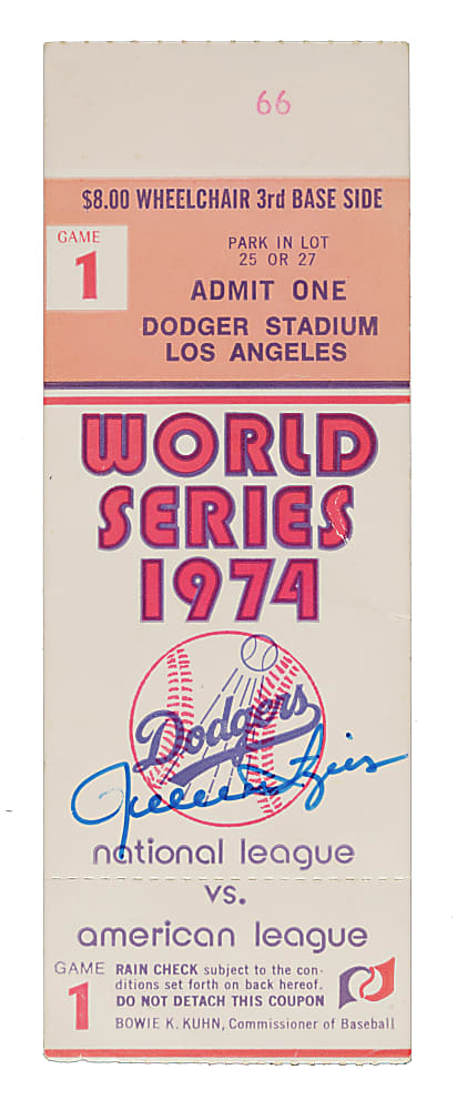 Rollie Fingers Signed 1974 Los Angeles Dodgers (vs. Oakland Athletics) World Series Game 1 Ticket Stub - JSA