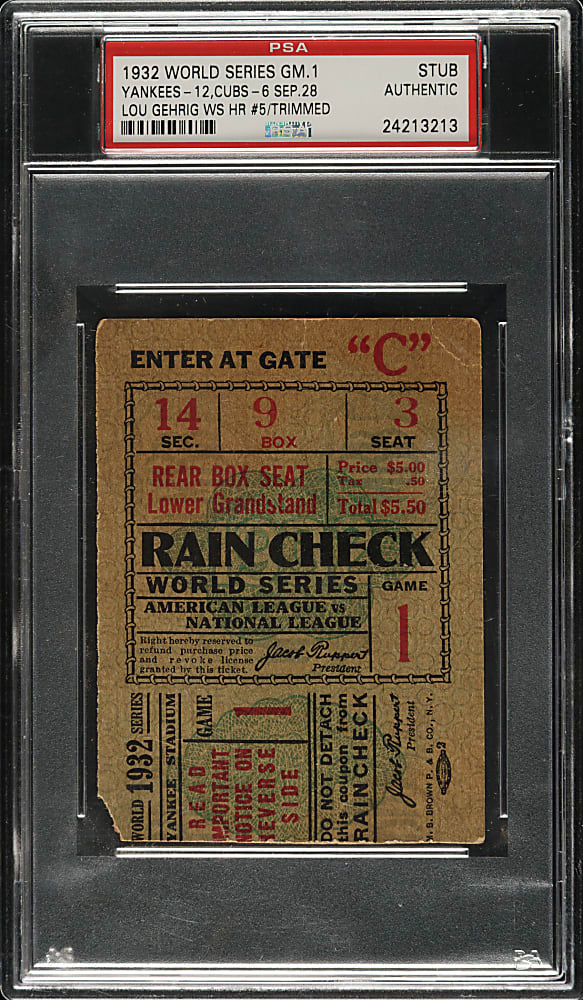 1932 New York Yankees (vs. Chicago Cubs) World Series Game 1 Ticket Stub PSA Authentic - Lou Gehrig Home Run