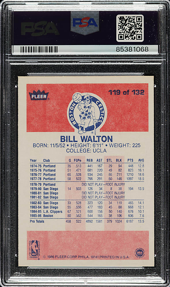 1986-1987 Fleer Basketball #119 Bill Walton PSA MINT 9